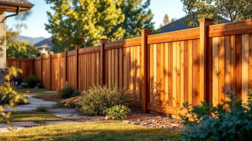 Redwood board-on-board privacy fence - 6-foot honey oak stained wood fence installation in Denver Colorado backyard