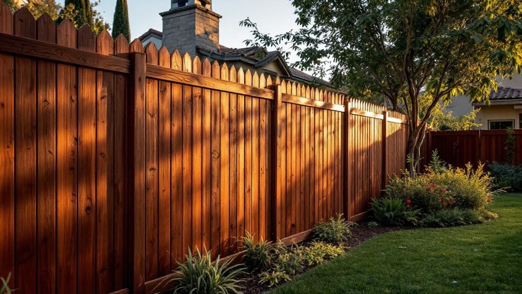 Western Red Cedar board-on-board privacy fence - 8-foot dark walnut stained wood fence installation in San Diego California backyard