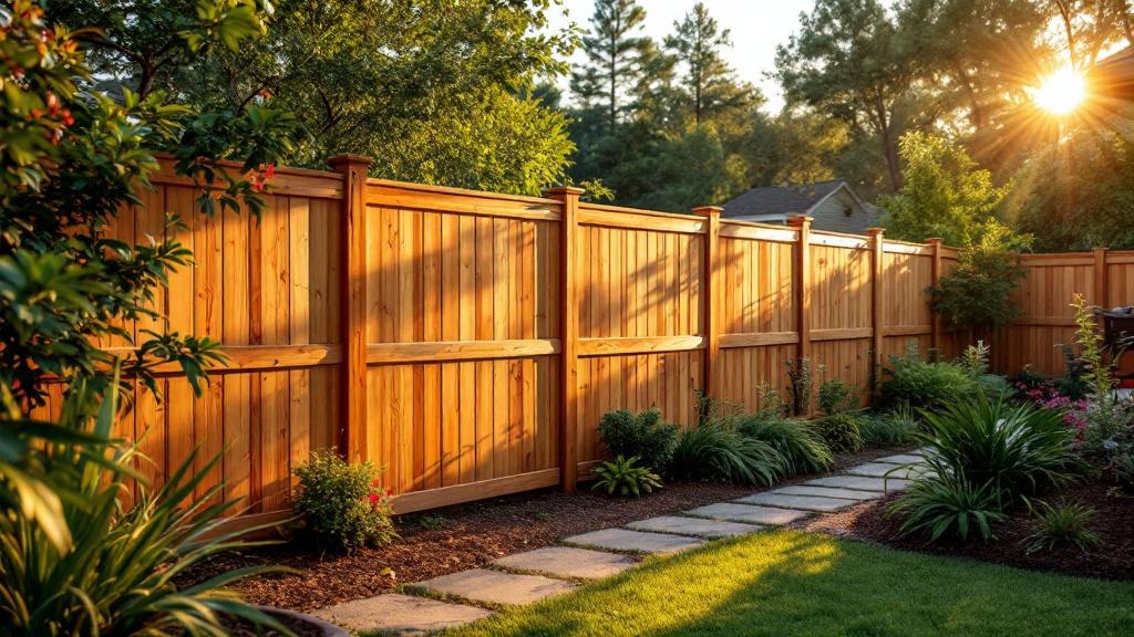 Pressure-Treated Pine shadowbox privacy fence - 6-foot natural cedar stained wood fence installation in Charlotte North Carolina backyard