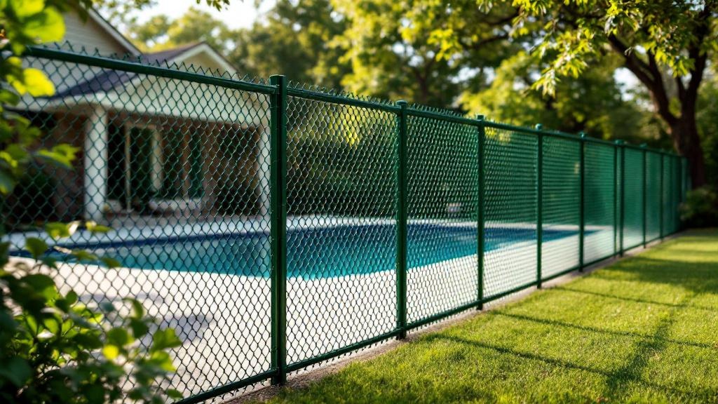 Green Vinyl-coated chain link fence - 6-foot residential pool fence installation in Austin Texas by professional fence contractor