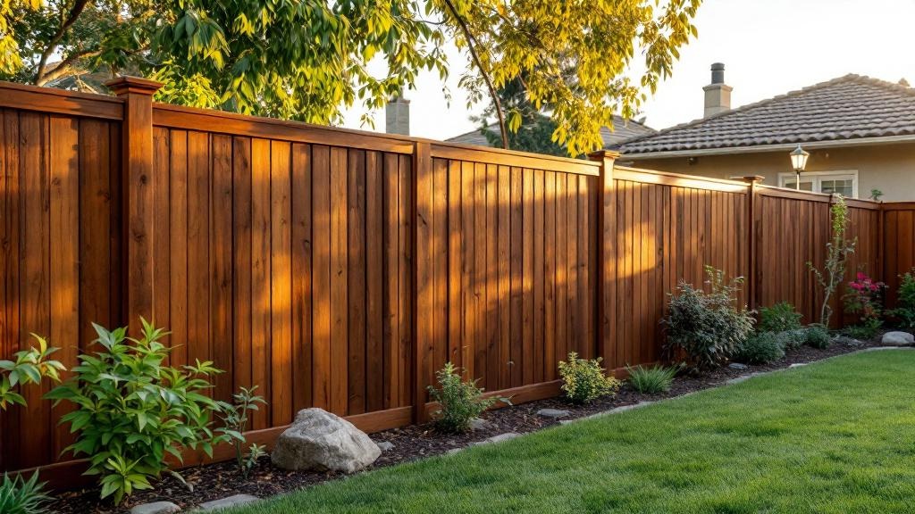 Redwood flat-top privacy fence - 8-foot dark walnut stained wood fence installation in San Diego California backyard