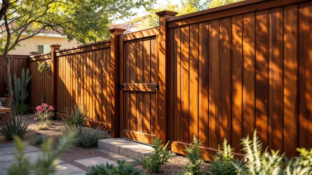 Western Red Cedar board-on-board privacy fence - 8-foot dark walnut stained wood fence installation in Phoenix, Arizona