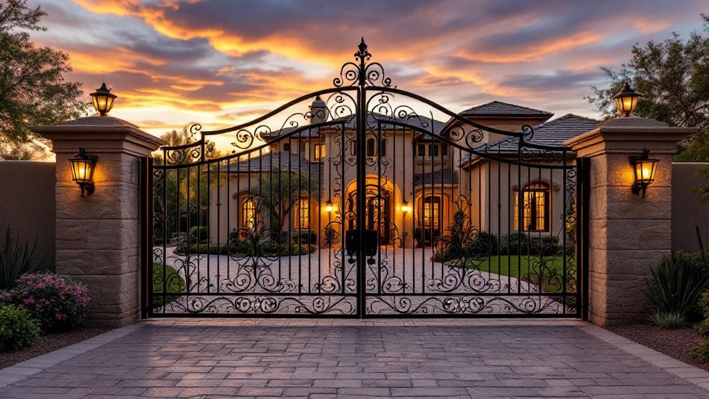 wrought iron sliding driveway gate - arched top with scrollwork entrance gate in Phoenix, Arizona
