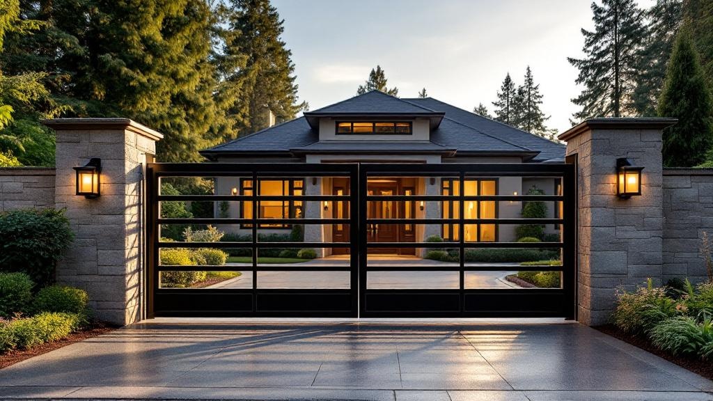 aluminum double swing driveway gate - modern horizontal bars entrance gate in Seattle, Washington