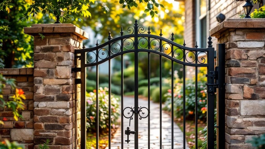 wrought iron arched top walk gate - residential pedestrian gate with black iron hardware in Austin, Texas