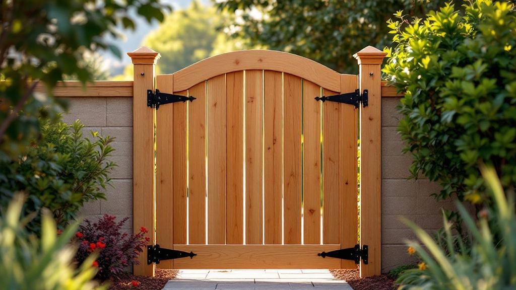 pressure-treated pine arched top walk gate - residential pedestrian gate with black iron hardware in San Diego, California
