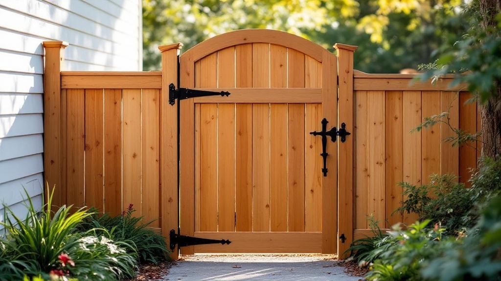 pressure-treated pine arched top walk gate - residential pedestrian gate with black iron hardware in Atlanta, Georgia
