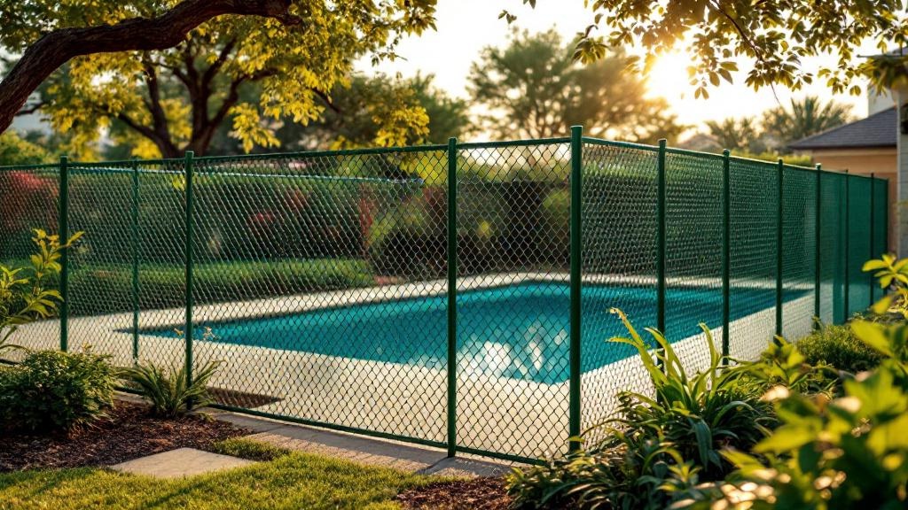 green vinyl-coated chain link fence - 4-foot pool fence installation by professional fence contractor in Austin, Texas