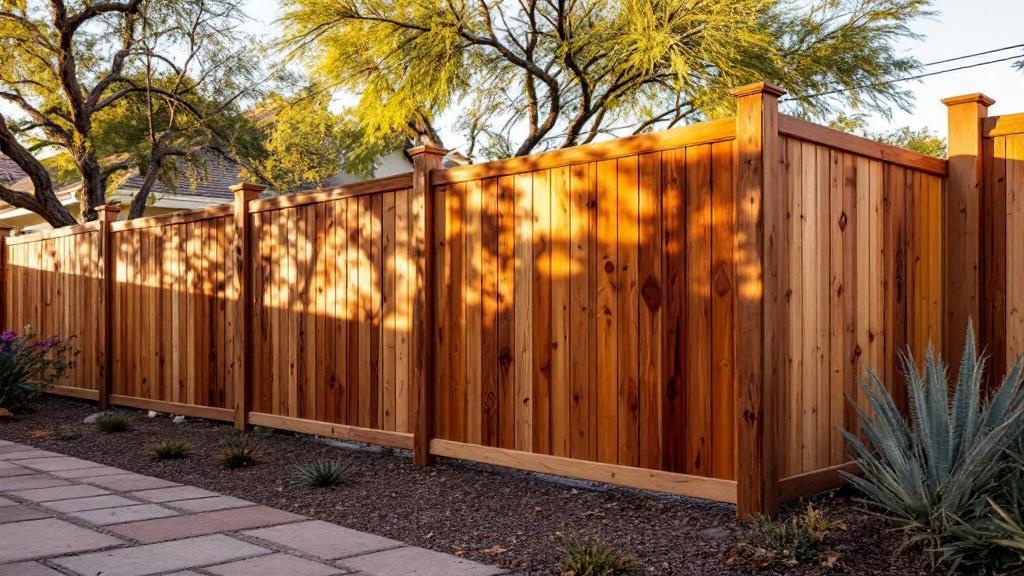 Western Red Cedar dog-ear privacy fence - 6-foot honey oak stained wood fence installation in Phoenix, Arizona