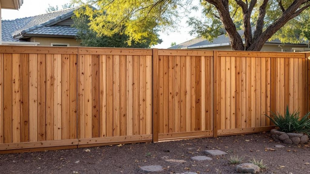 Pressure-Treated Pine board-on-board privacy fence - 8-foot honey oak stained wood fence installation in Phoenix, Arizona