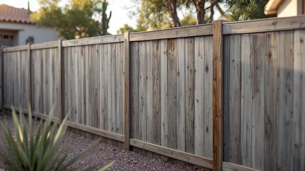 Pressure-Treated Pine board-on-board privacy fence - 6-foot weathered gray stained wood fence installation in Phoenix, Arizona