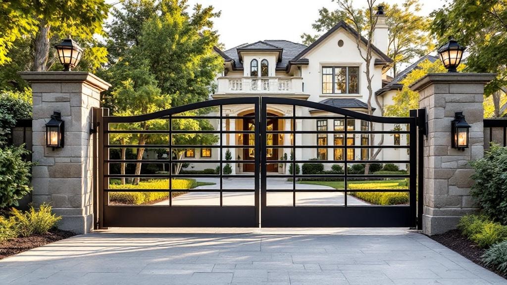 wrought iron sliding driveway gate - modern horizontal bars entrance gate in Charlotte, North Carolina