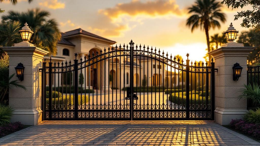 wrought iron sliding driveway gate - classic picket with finials entrance gate in Miami, Florida