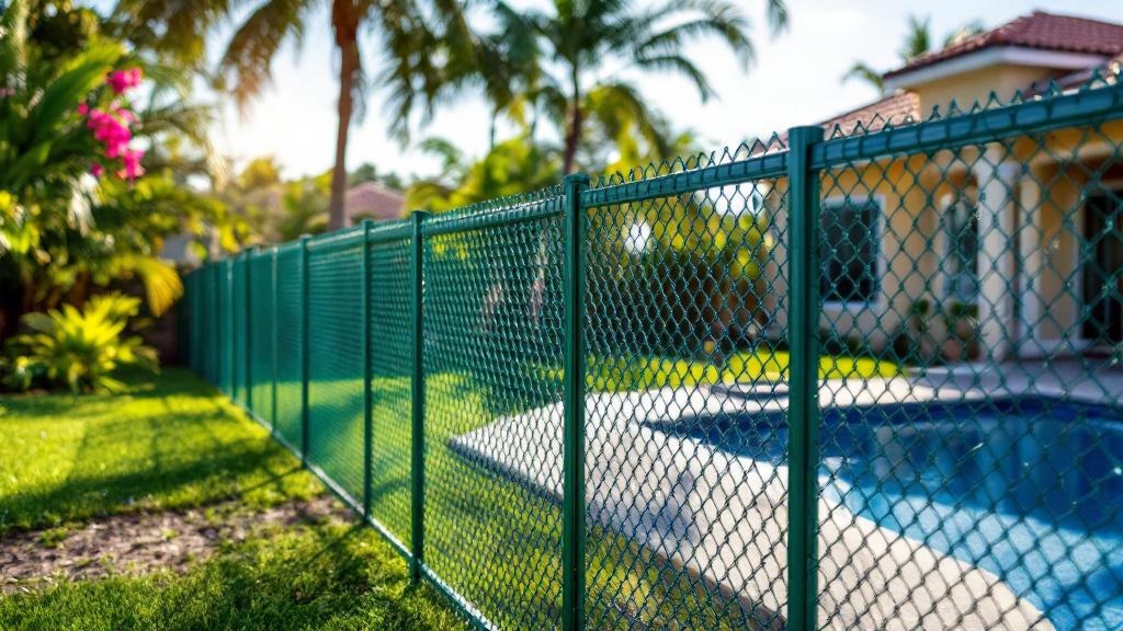 green vinyl-coated chain link fence - 8-foot pool fence installation by professional fence contractor in Miami, Florida