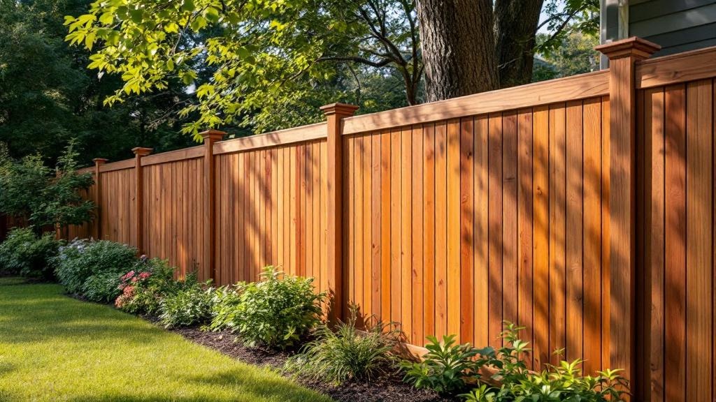 Western Red Cedar board-on-board privacy fence - 6-foot honey oak stained wood fence installation in Raleigh, North Carolina