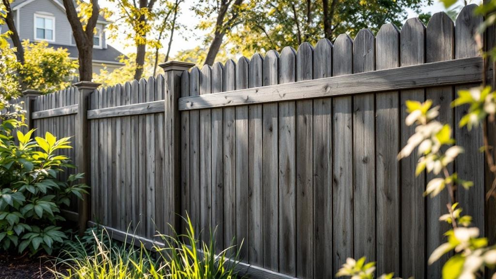 Pressure-Treated Pine dog-ear privacy fence - 6-foot weathered gray stained wood fence installation in Raleigh, North Carolina