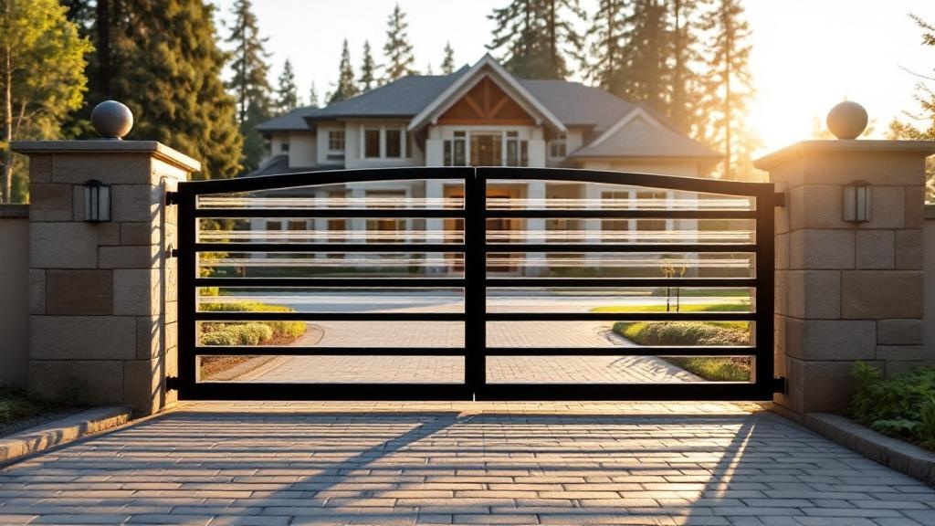 aluminum double swing driveway gate - modern horizontal bars entrance gate in Portland, Oregon