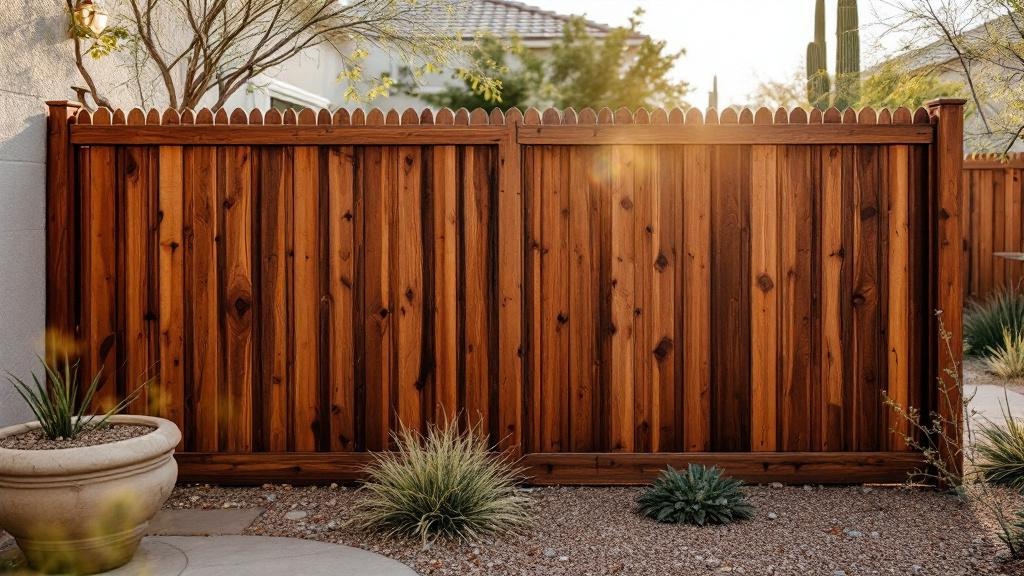 Western Red Cedar dog-ear privacy fence - 6-foot dark walnut stained wood fence installation in Phoenix, Arizona