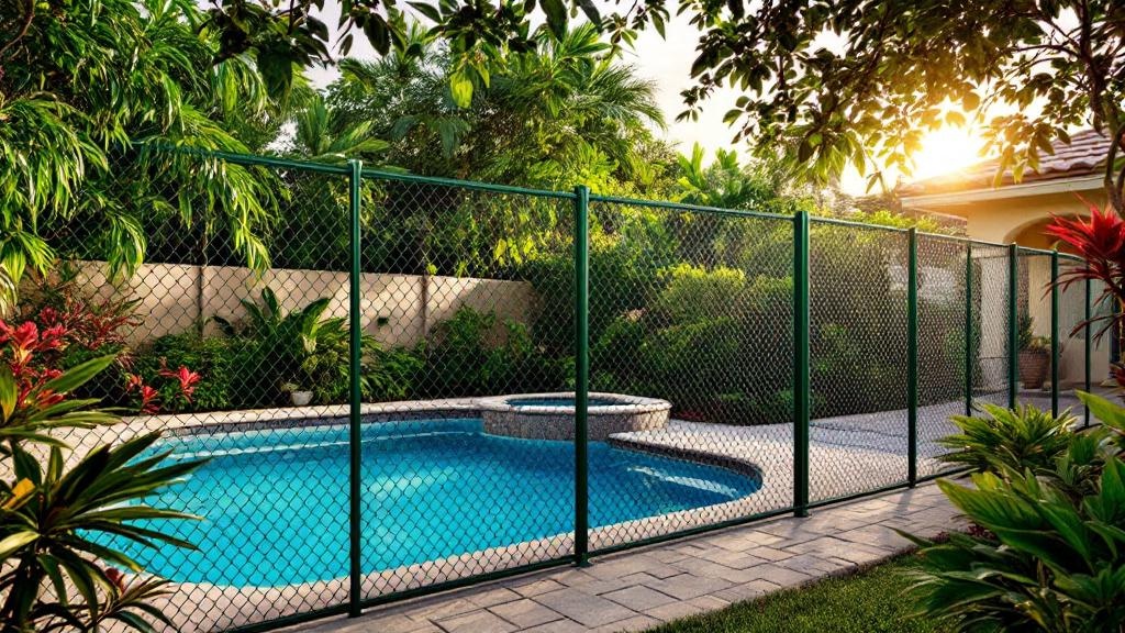 green vinyl-coated chain link fence - 4-foot pool fence installation by professional fence contractor in Miami, Florida