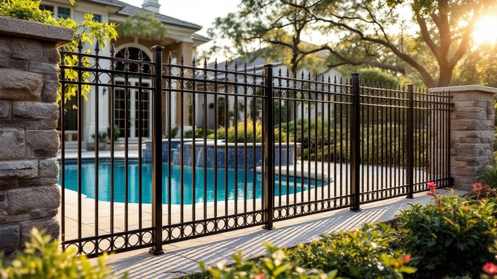 bronze aluminum flat-top ornamental fence - 5-foot decorative metal fence for pool enclosure in Austin, Texas