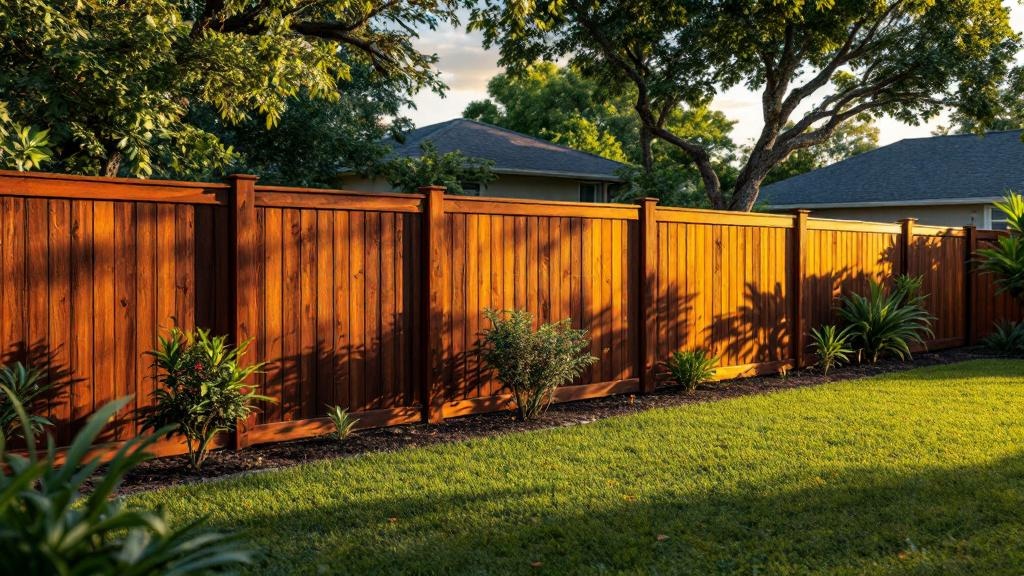 Pressure-Treated Pine board-on-board privacy fence - 8-foot dark walnut stained wood fence installation in Miami, Florida