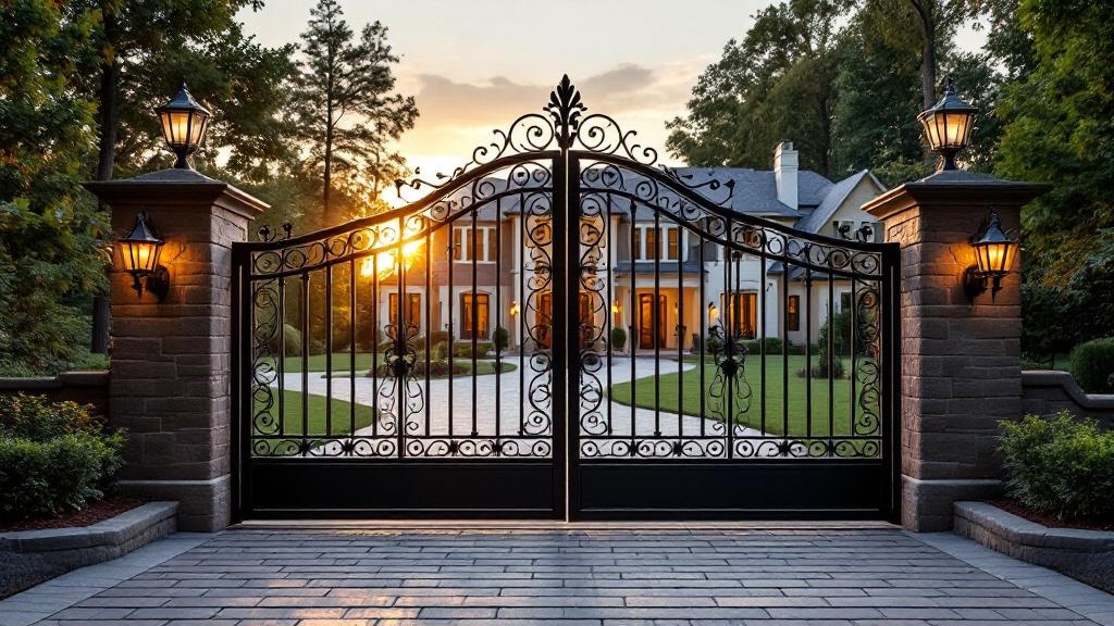 wrought iron sliding driveway gate - arched top with scrollwork entrance gate in Raleigh, North Carolina