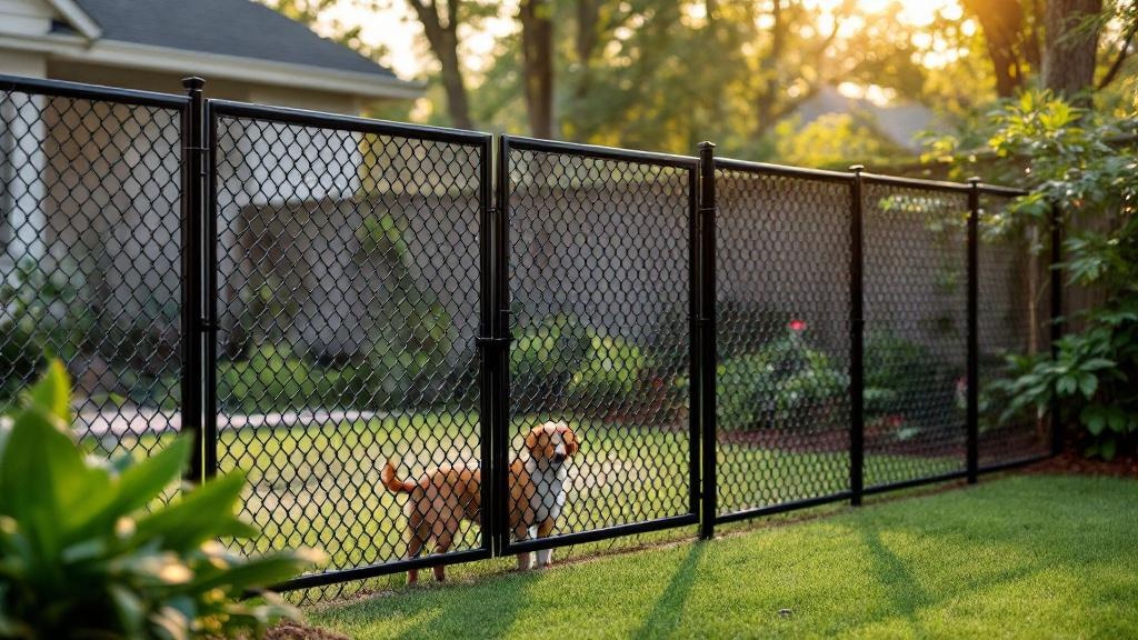 black vinyl-coated chain link fence - 5-foot dog fence installation by professional fence contractor in Raleigh, North Carolina