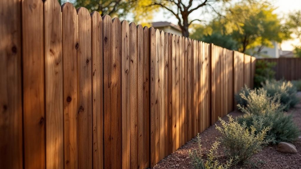 Pressure-Treated Pine dog-ear privacy fence - 8-foot dark walnut stained wood fence installation in Phoenix, Arizona