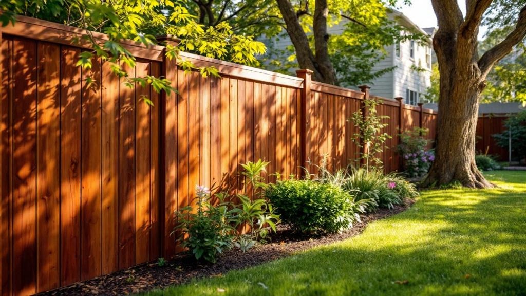 Western Red Cedar board-on-board privacy fence - 8-foot dark walnut stained wood fence installation in Charlotte, North Carolina