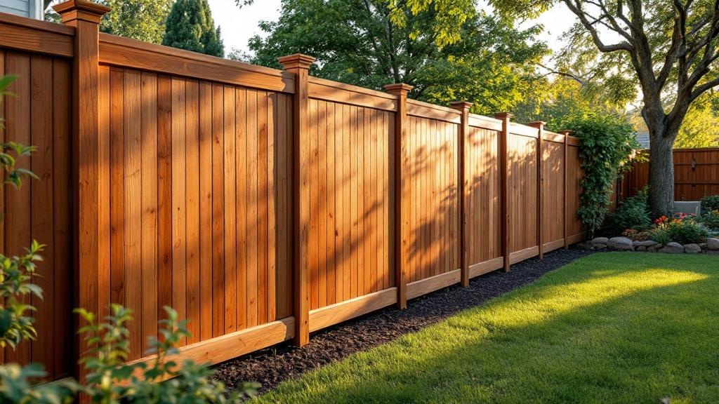 Western Red Cedar board-on-board privacy fence - 6-foot honey oak stained wood fence installation in Dallas, Texas