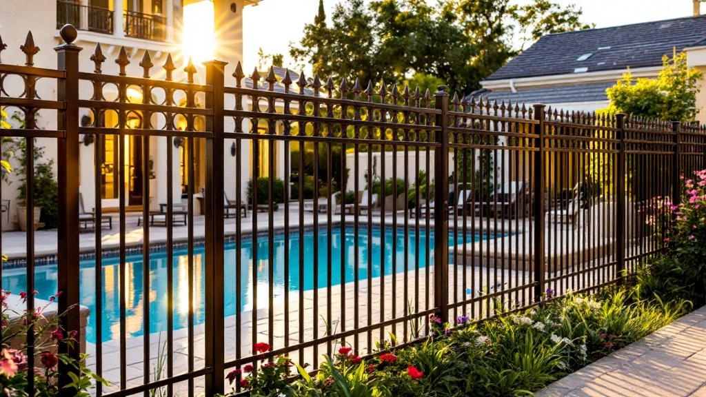 bronze aluminum flat-top ornamental fence - 4-foot decorative metal fence for pool enclosure in San Diego, California