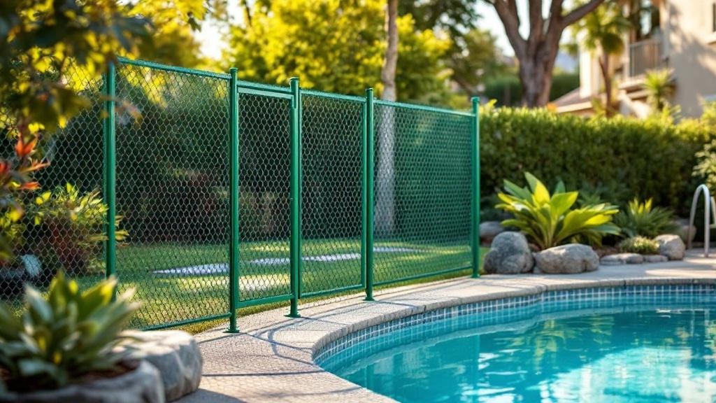green vinyl-coated chain link fence - 6-foot pool fence installation by professional fence contractor in San Diego, California