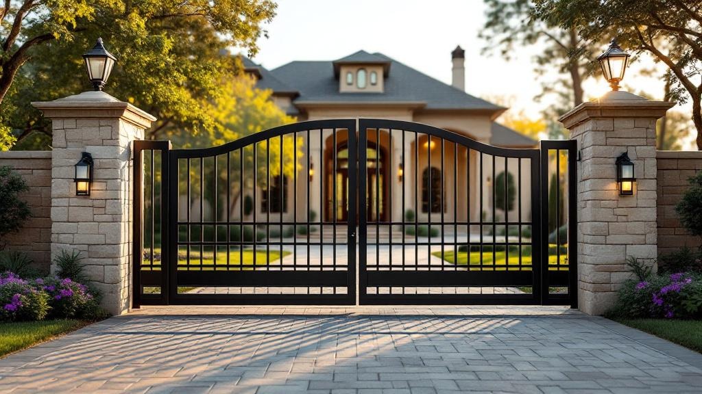 wrought iron sliding driveway gate - modern horizontal bars entrance gate in Dallas, Texas
