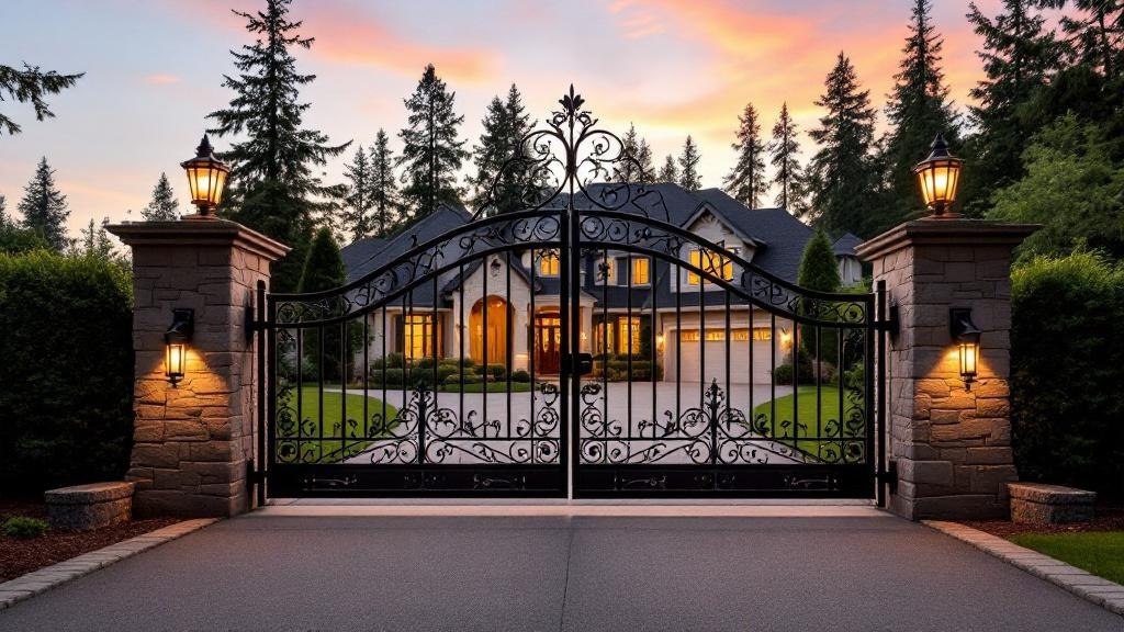 wrought iron double swing driveway gate - arched top with scrollwork entrance gate in Seattle, Washington