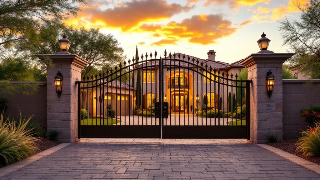 aluminum double swing driveway gate - classic picket with finials entrance gate in Phoenix, Arizona