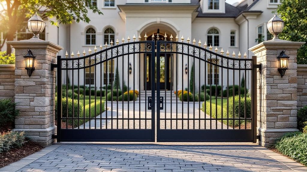 wrought iron double swing driveway gate - modern horizontal bars entrance gate in Atlanta, Georgia