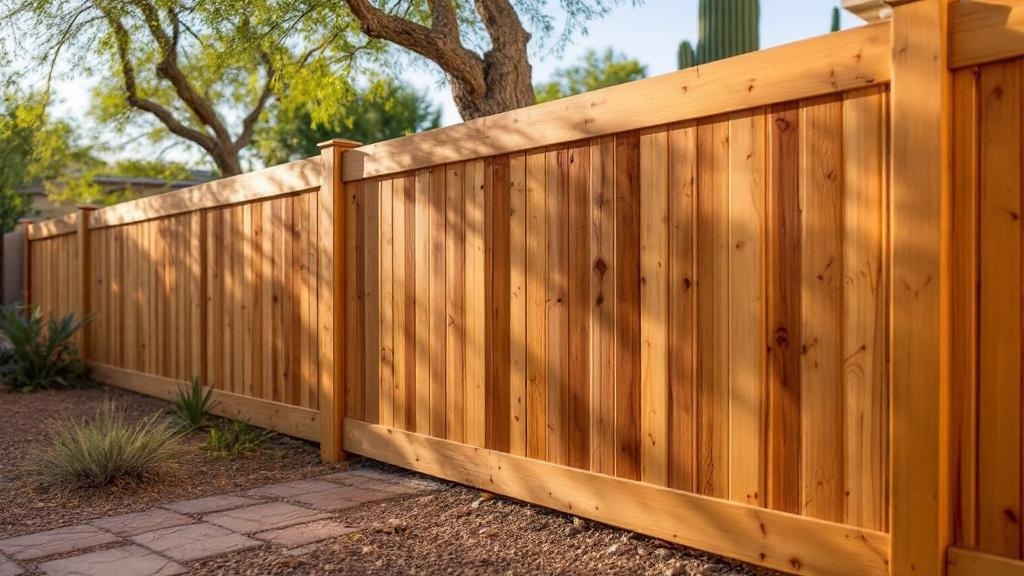 Pressure-Treated Pine dog-ear privacy fence - 6-foot honey oak stained wood fence installation in Phoenix, Arizona