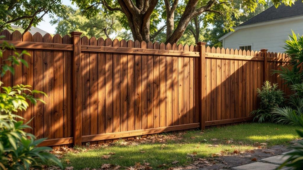 Pressure-Treated Pine dog-ear privacy fence - 6-foot dark walnut stained wood fence installation in Miami, Florida