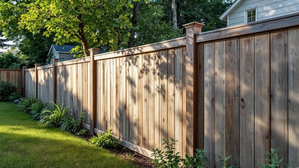 Pressure-Treated Pine board-on-board privacy fence - 6-foot weathered gray stained wood fence installation in Seattle, Washington