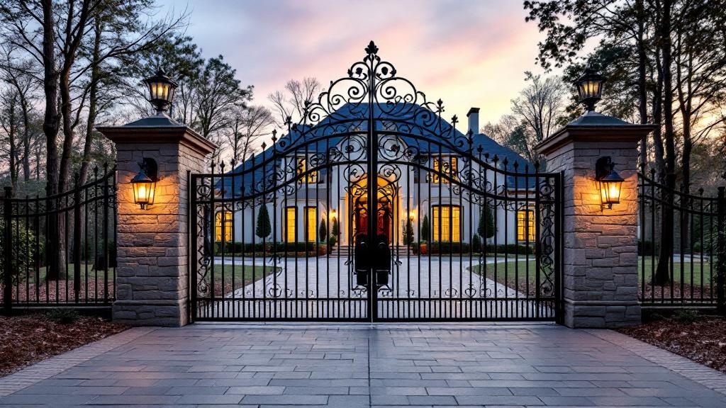 wrought iron double swing driveway gate - arched top with scrollwork entrance gate in Atlanta, Georgia