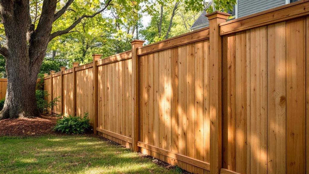 Pressure-Treated Pine board-on-board privacy fence - 8-foot natural cedar stained wood fence installation in Atlanta, Georgia
