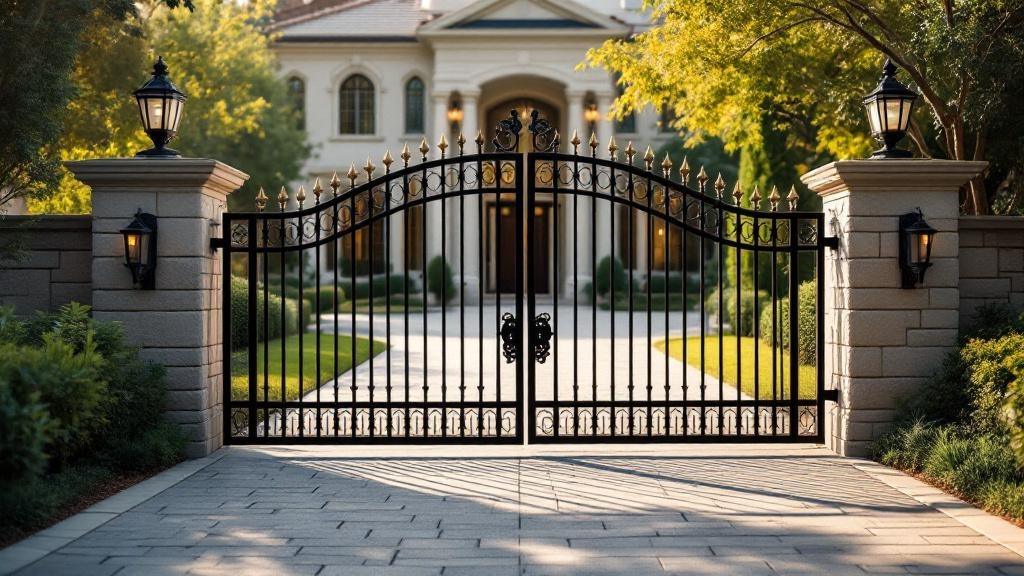 wrought iron double swing driveway gate - classic picket with finials entrance gate in San Diego, California