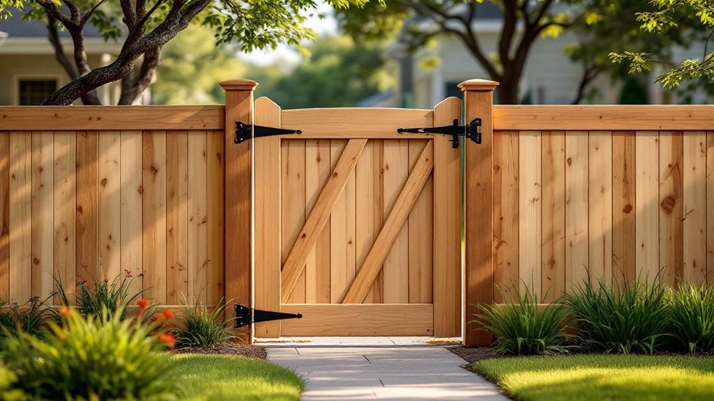 pressure-treated pine matching fence panel walk gate - residential pedestrian gate with bronze-finish hardware in Austin, Texas