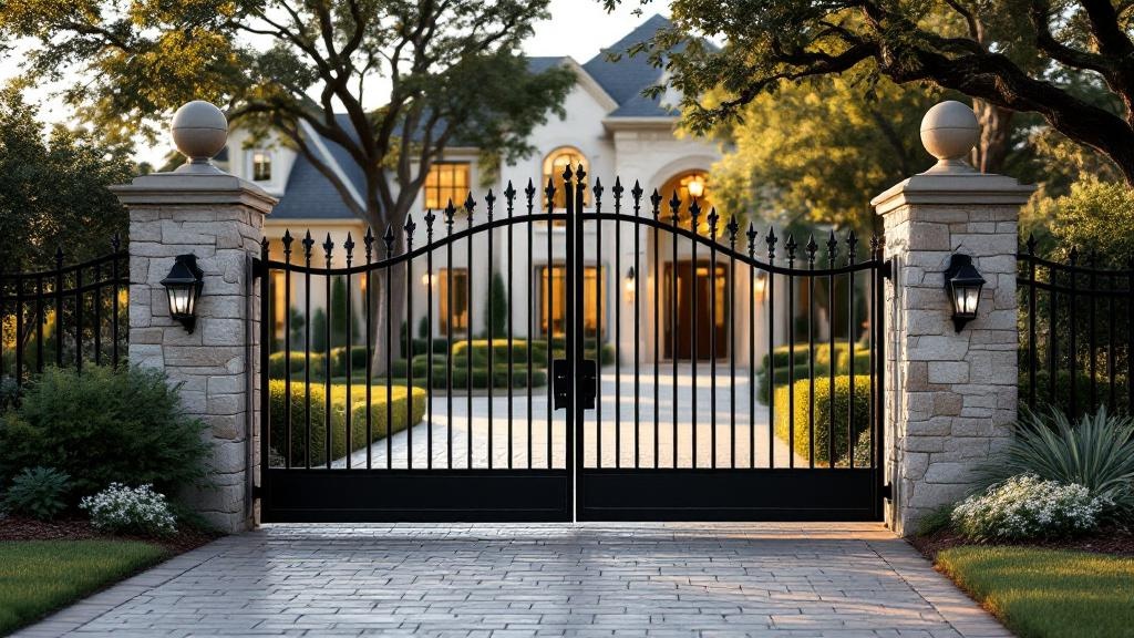 aluminum double swing driveway gate - classic picket with finials entrance gate in Austin, Texas