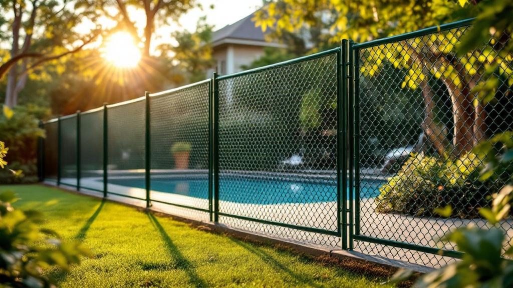 green vinyl-coated chain link fence - 6-foot pool fence installation by professional fence contractor in Raleigh, North Carolina