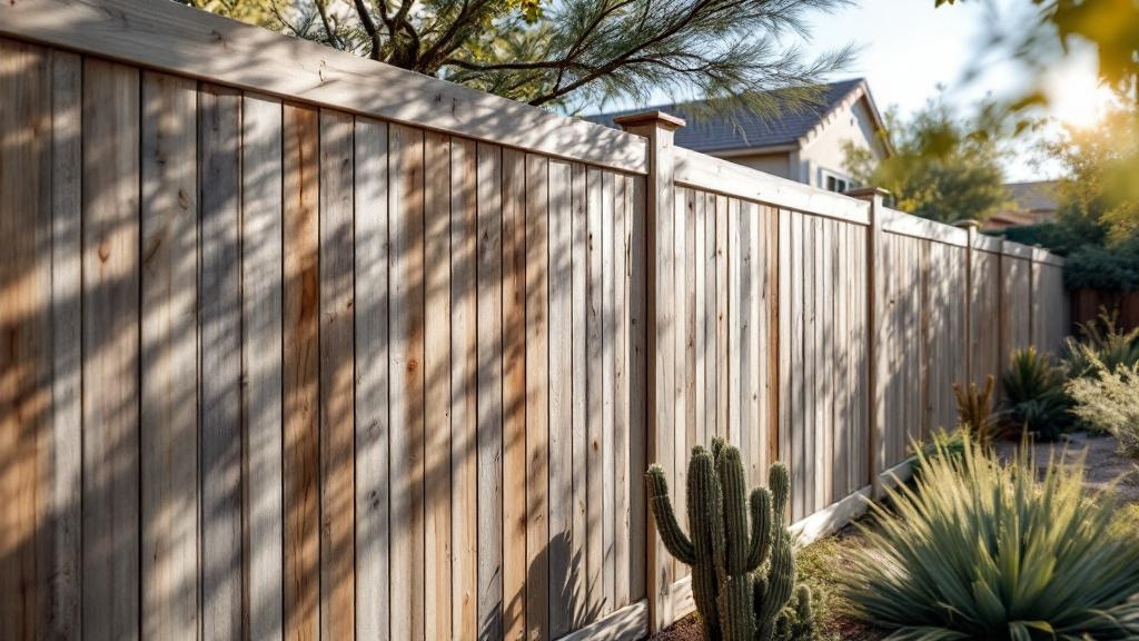 Pressure-Treated Pine board-on-board privacy fence - 8-foot weathered gray stained wood fence installation in Phoenix, Arizona