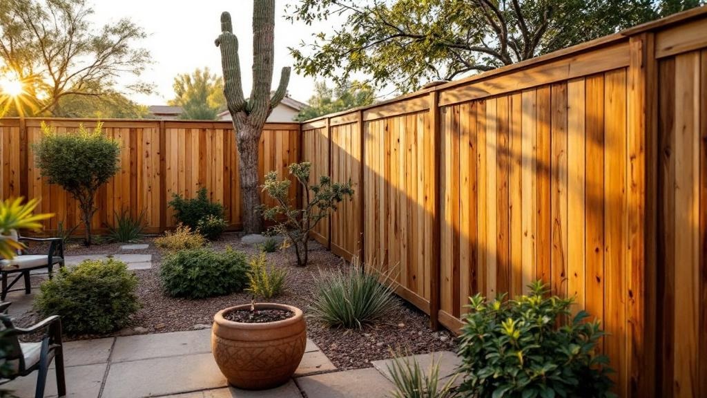 Pressure-Treated Pine shadowbox privacy fence - 8-foot honey oak stained wood fence installation in Phoenix, Arizona