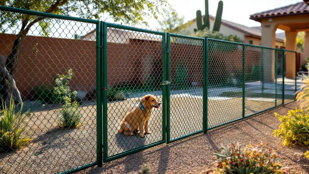 green vinyl-coated chain link fence - 8-foot dog fence installation by professional fence contractor in Phoenix, Arizona