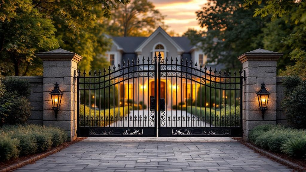 wrought iron double swing driveway gate - classic picket with finials entrance gate in Raleigh, North Carolina
