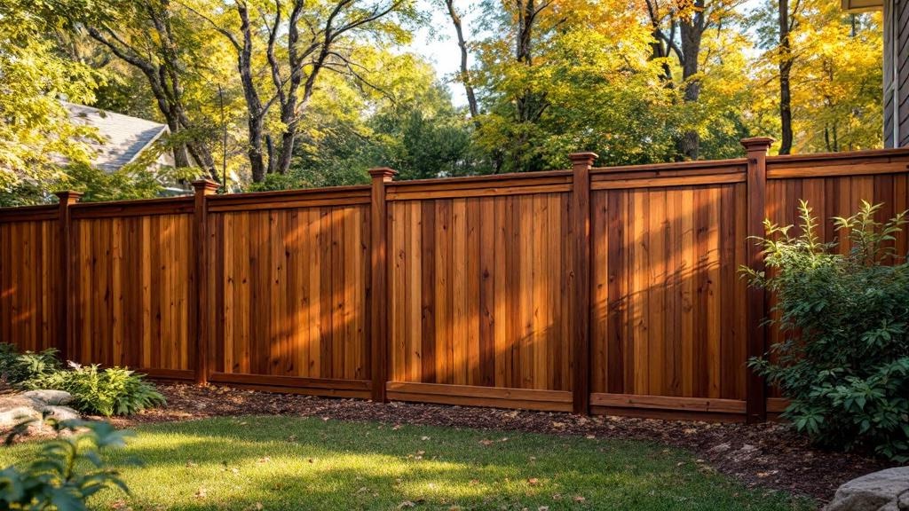 Western Red Cedar dog-ear privacy fence - 6-foot dark walnut stained wood fence installation in Atlanta, Georgia